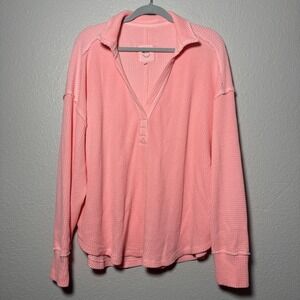 Aerie Waffle Polo Top Shirt Pullover Size L Pink Stretch Long Sleeve LumberJane
